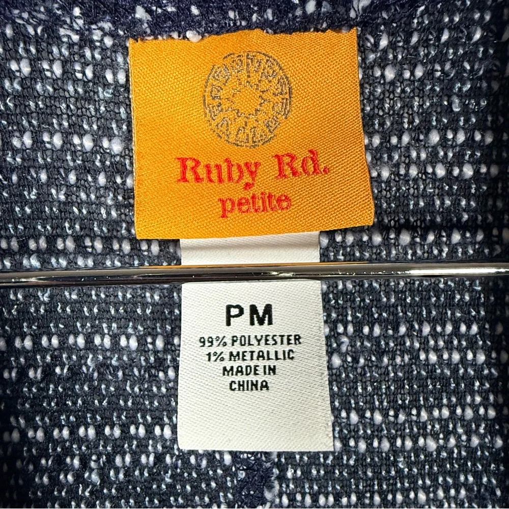 Ruby Rd Petite PM Sleeveless Open Front Knit Cardigan Blue White Textured Draped